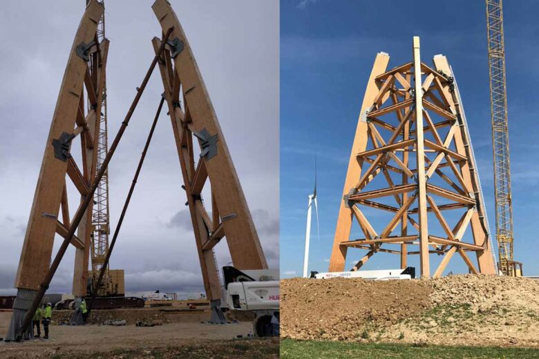 Des éoliennes avec des mâts en bois de l'entreprise Innovent.