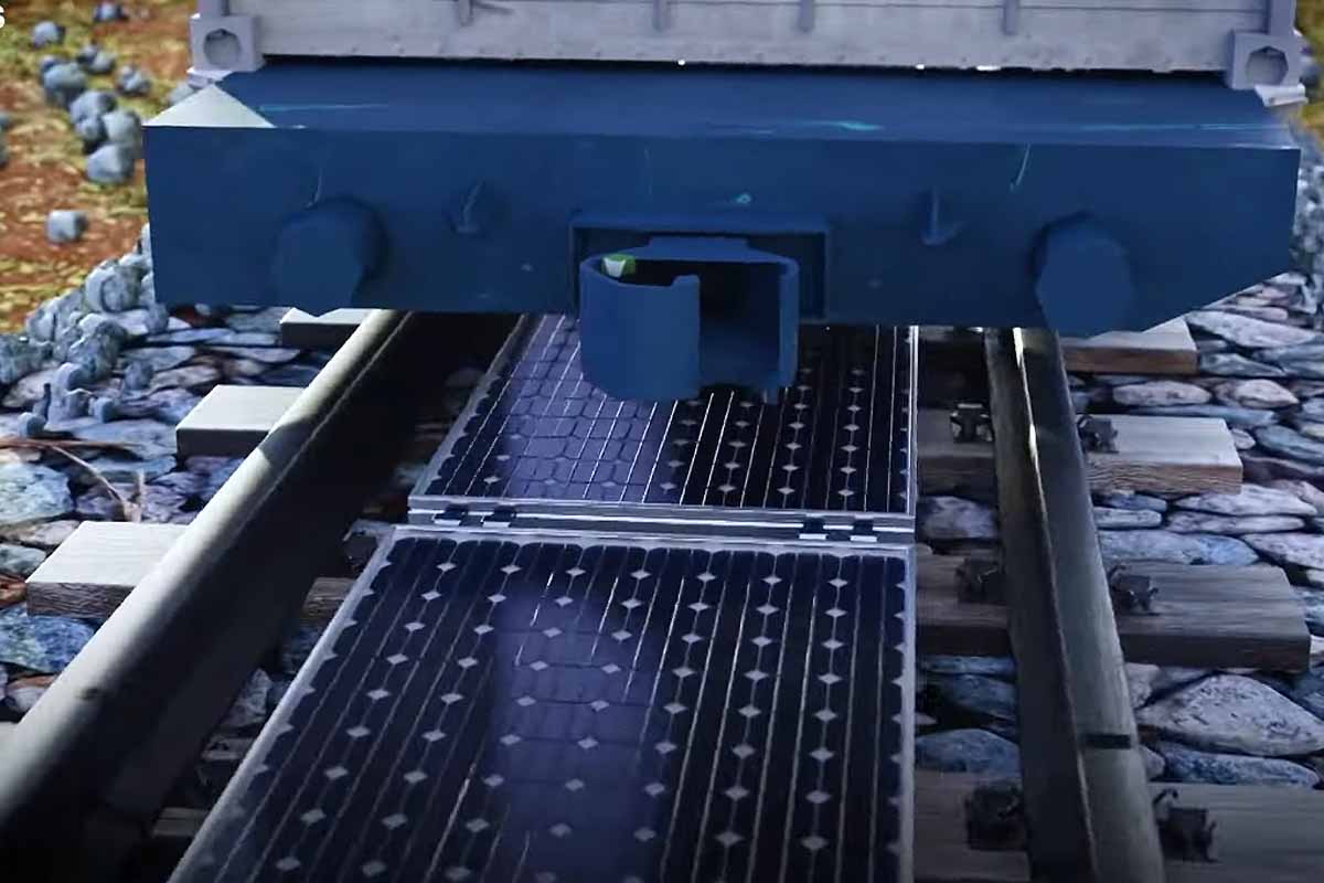 Une invention pour installer des panneaux solaires entre les rails des trains.