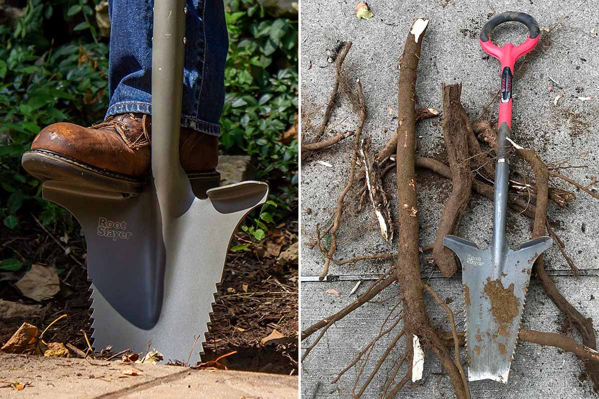 Radius Garden / Root Slayer réinvente la pelle bêche avec des cales pour les pieds et des bords avec des scies intégrées.