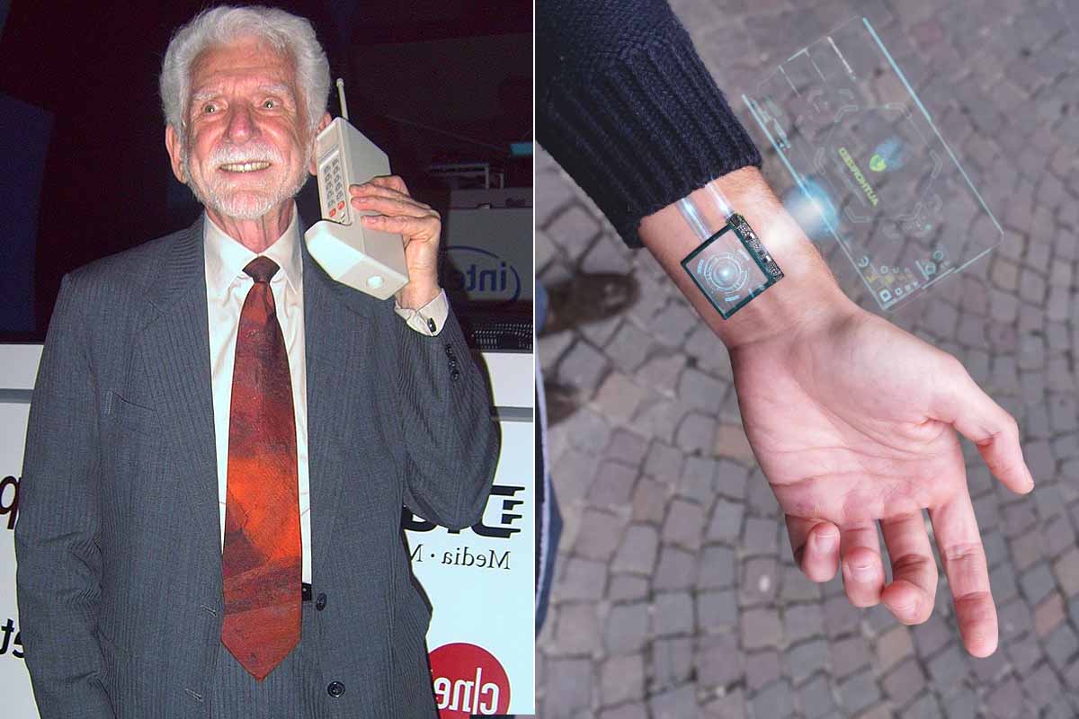 Martin Cooper, l'inventeur du téléphone portable, avec le prototype DynaTAC de 1973 lors du Forum e21 au Taipei International Convention Center.