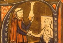 Miniature : Rhazès porte diagnostic par examen d'un urinal, dans le « Recueil des traités de médecine » de Gérard de Crémone, 1250-1260.