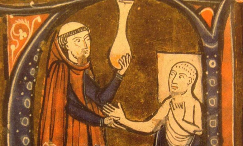 Miniature : Rhazès porte diagnostic par examen d'un urinal, dans le « Recueil des traités de médecine » de Gérard de Crémone, 1250-1260.