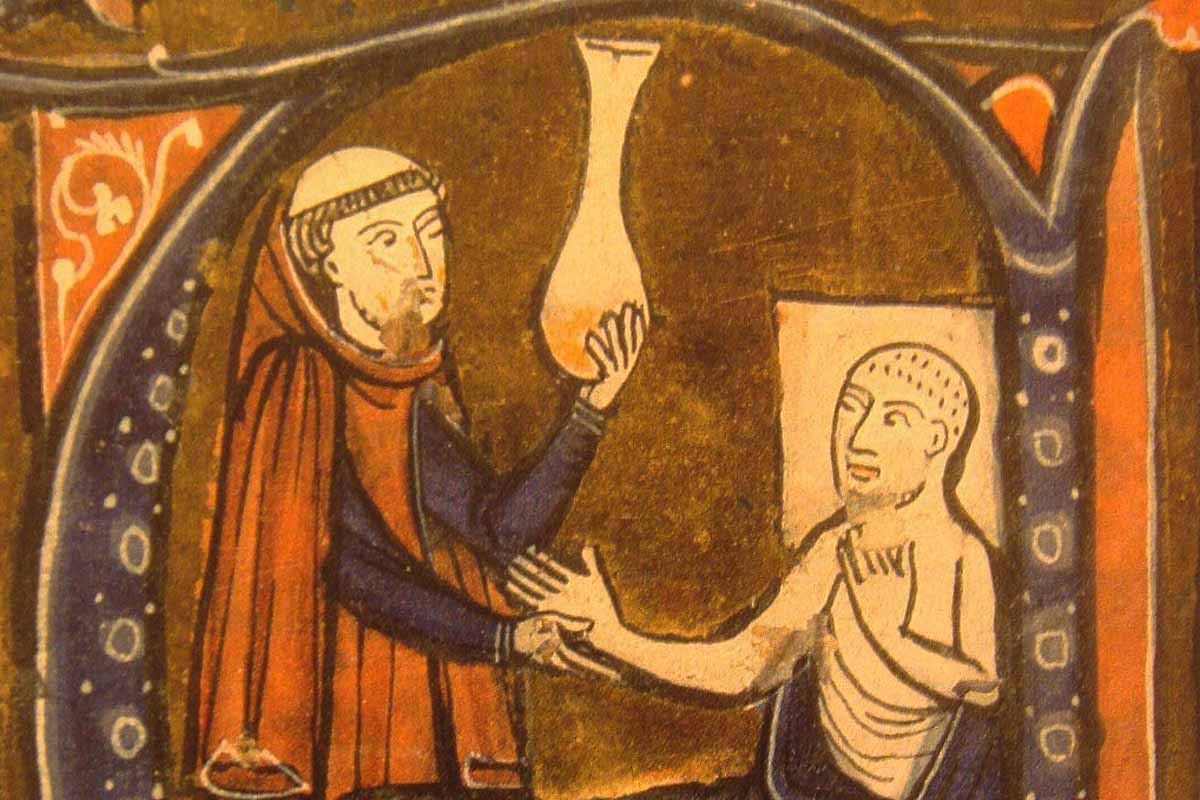 Miniature : Rhazès porte diagnostic par examen d'un urinal, dans le « Recueil des traités de médecine » de Gérard de Crémone, 1250-1260.