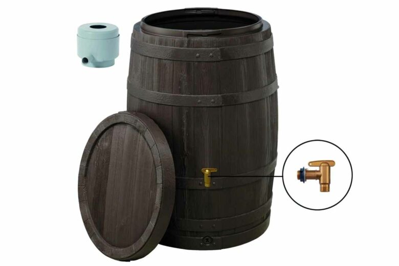 Un réservoir pour stocker l'eau de pluie imitation bois.