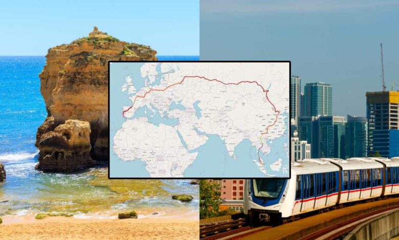 Plage d'Algarve au Portugal - océan atlantique - praia sao Rafael / Voie de transport ferroviaire léger (LRT) de Rapid KL, l'un des principaux systèmes ferroviaires de Kuala Lumpur.