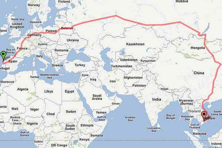 La carte du plus long trajet en train au monde de Porto au Portugal à Hanoï au Vietnam.