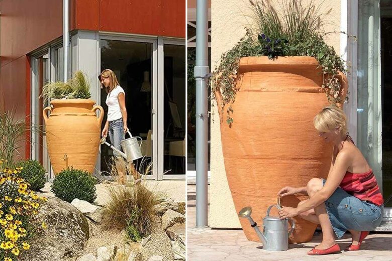 Un récupérateur d'eau de pluie discret et décoratif.