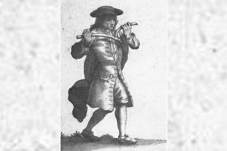Un sourcier au travail, tiré de Pierre le Brun, Histoire critique des pratiques superstitieuses, (Jean-Frédéric Bernard, 1733-1736). 
