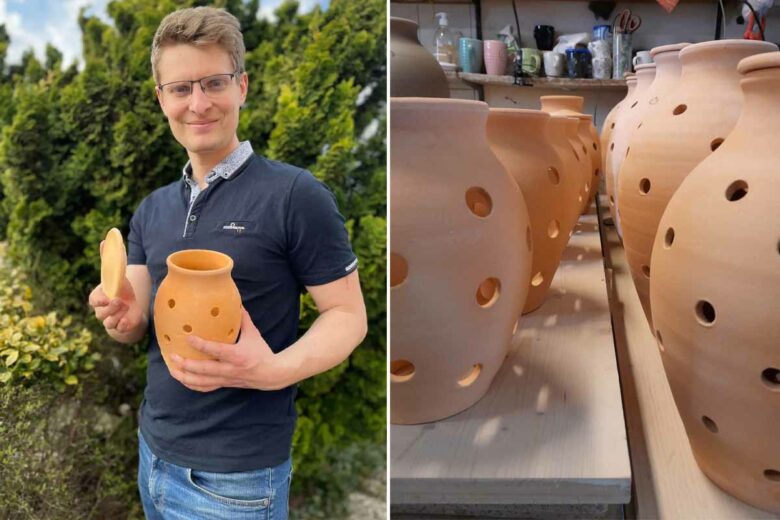 L'invention d'un lombricomposteur en terre cuite à enterrer dans les jardinières 100 % fabriqué en Alsace.