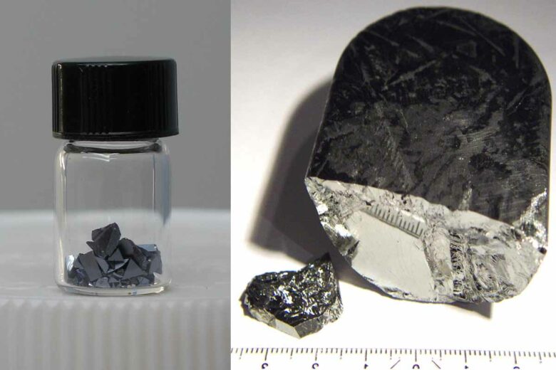 Du Phosphure d'indium (InP) (à gauche ) et de l'Antimoniure d'indium, matériau semi-conducteur (à droite).