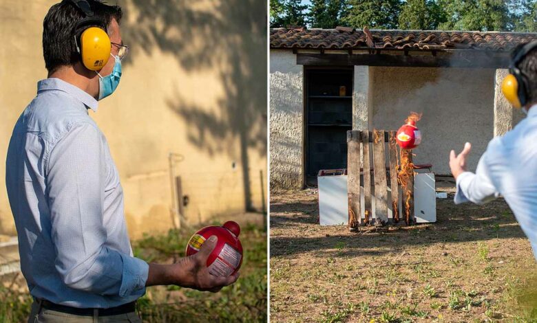 L'invention d'un système d’activation à l’impact Choc & Start, qui permet d’activer les boules extinctrices instantanément lorsqu’elle touche un obstacle.