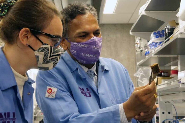 Le professeur Vinayak Dravid et son étudiant examinent un échantillon de l'éponge recouverte de nanoparticules.