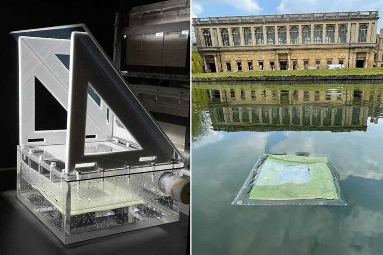 Une version antérieure de la feuille artificielle flottant sur la rivière Cam près du King's College de Cambridge. Cette version a été utilisée pour produire du gaz de synthèse.