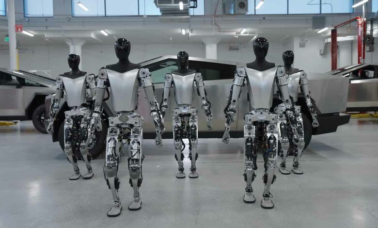 Plusieurs robots entièrement fabriqués par Tesla.