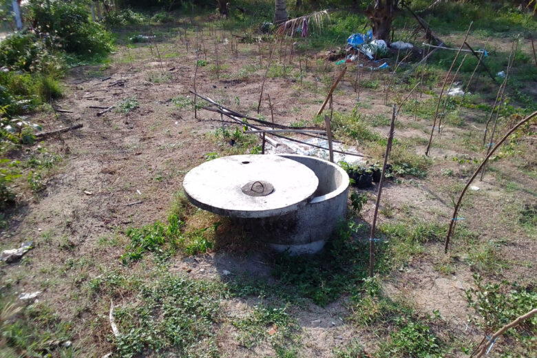 Un puits d'eau dans un jardin potager.