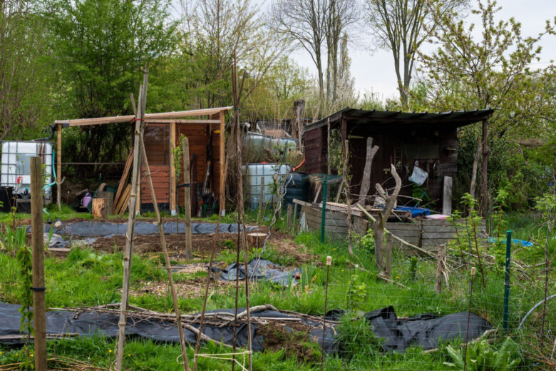 Des abris dans un jardin potager. 