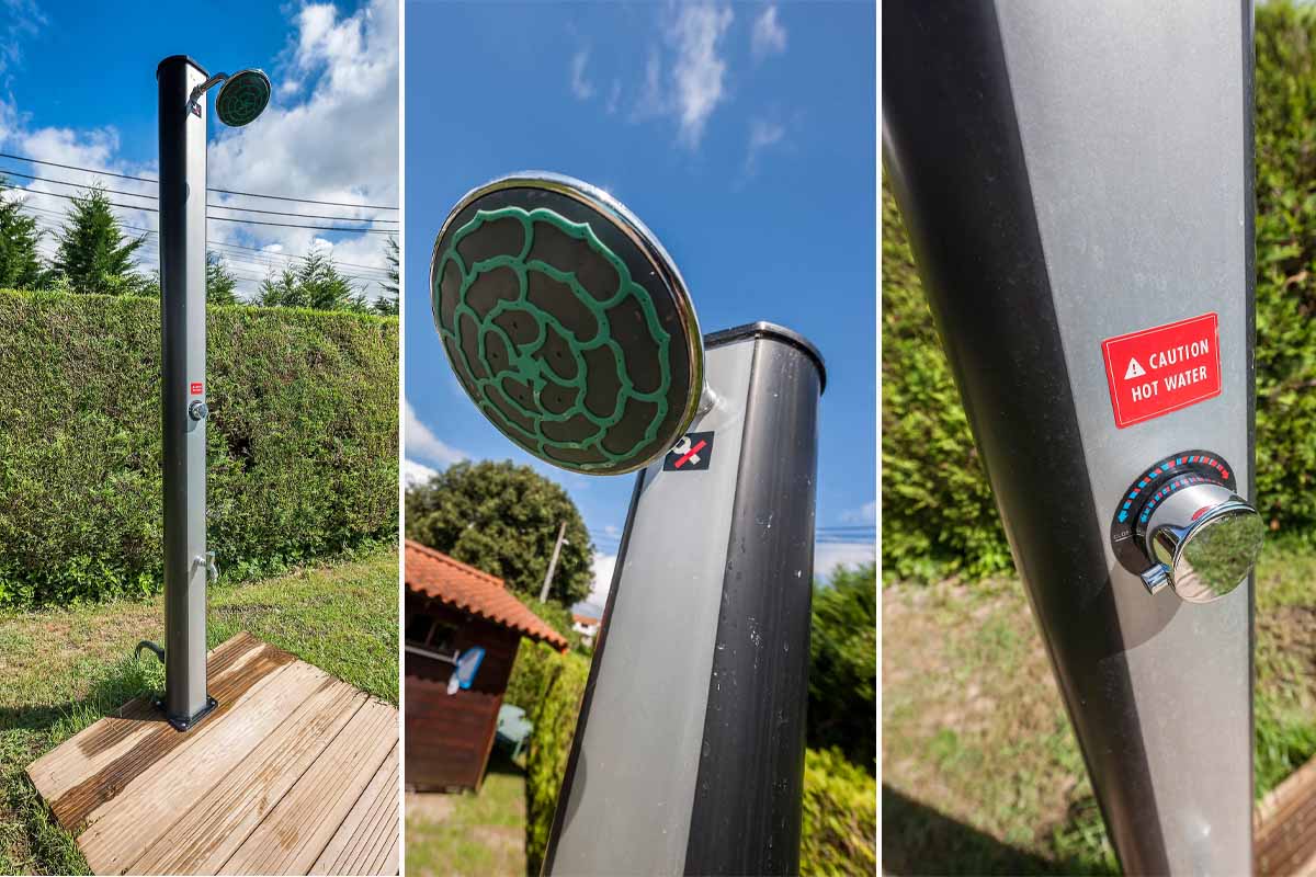 La douche solaire en acier avec rince pieds et réservoir de 35 L