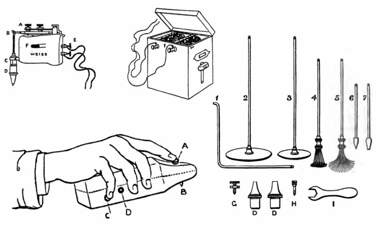 Le « Percuteur » manuel avec mécanisme, les articles et accessoires du vibromasseur et le vibromasseur de Granville (à gauche) et sa batterie (à droite).