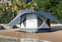 Le Space Acacia se compose d'une tente de glamping spacieuse et moderne, du premier sol pneumatique exclusif en son genre et d'un auvent innovant à température réglable.