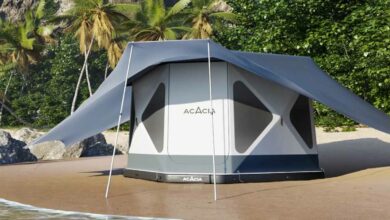 Le Space Acacia se compose d'une tente de glamping spacieuse et moderne, du premier sol pneumatique exclusif en son genre et d'un auvent innovant à température réglable.