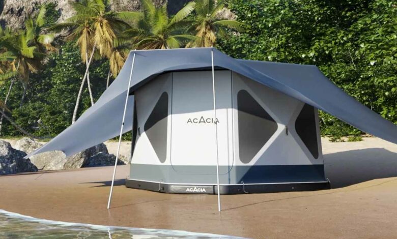 Le Space Acacia se compose d'une tente de glamping spacieuse et moderne, du premier sol pneumatique exclusif en son genre et d'un auvent innovant à température réglable.