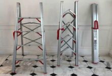 Escabeau pliable télescopique tubulaire 4 marches et stockable en tube