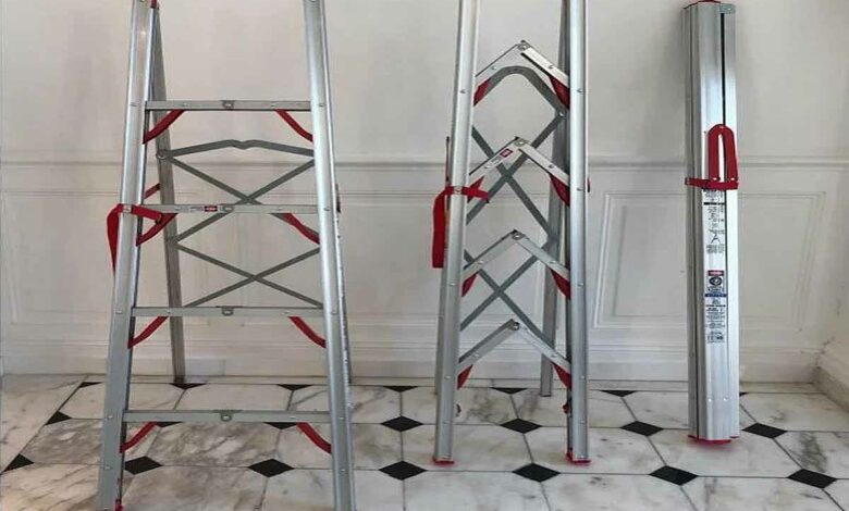 Escabeau pliable télescopique tubulaire 4 marches et stockable en tube