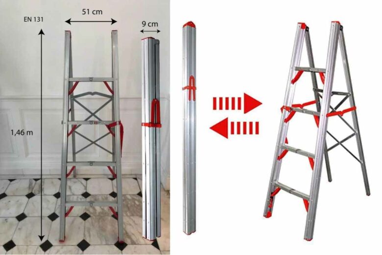 L'invention d'un escabeau pliable qui tient dans un tube.