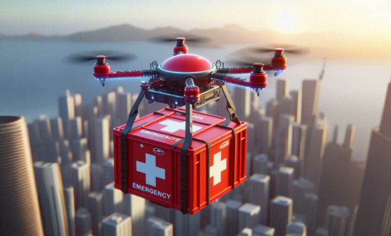 Un drone livrant des poches de sang et des fournitures de secours.
