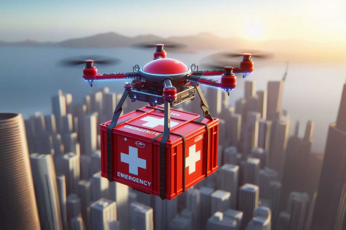 Un drone livrant des poches de sang et des fournitures de secours.