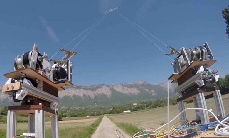 Test avec un modèle de vol par vent de travers avec des cerfs-volants à effet Magnus.