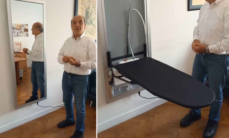 L'invention d'un mirroir qui cache tout le nécessaire pour le repassage.