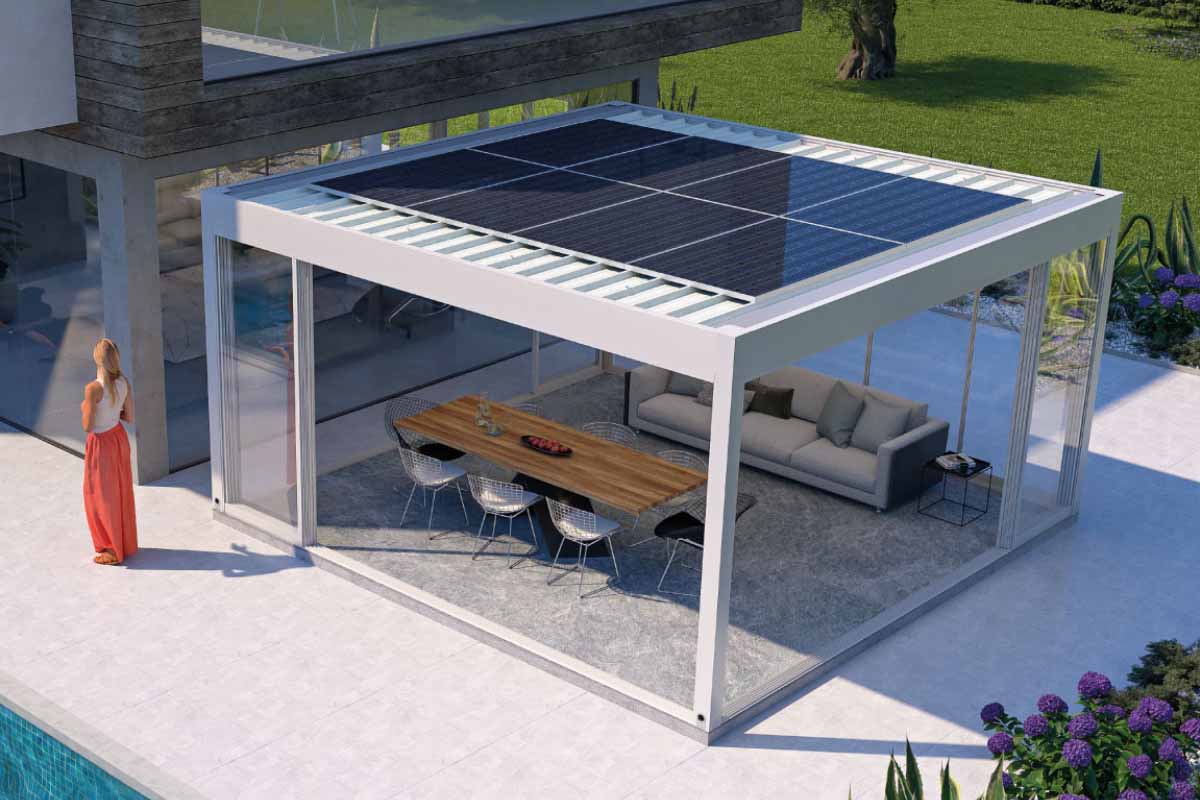 Une pergola photovoltaïque, isotherme, étanche et insonorisée.