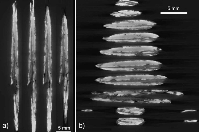 Coupes radiographiques de la pointe de flèche. Les zones les plus brillantes (et les plus denses) correspondent au fer météoritique.