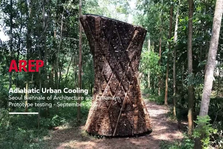 Un prototype de climatisation adiabatique en bambou conçu par les équipes d’AREP au Vietnam et en France.
