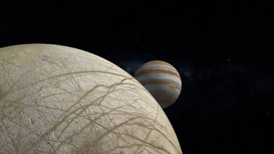Europe, l'une des lunes de Jupiter (rendu 3D).