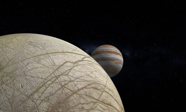 Europe, l'une des lunes de Jupiter (rendu 3D).