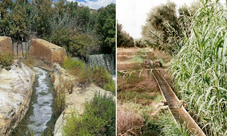 Acequia principale, Vallongas, Elche, Valence, Espagne, mai 2012 (droite) et Seguia secondaire, dans les environs de Taroudant.