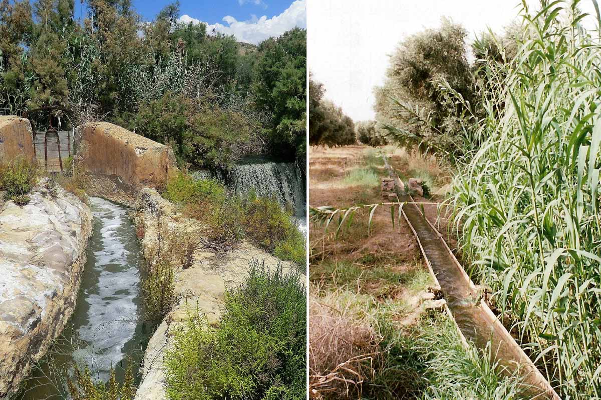 Acequia principale, Vallongas, Elche, Valence, Espagne, mai 2012 (droite) et Seguia secondaire, dans les environs de Taroudant.