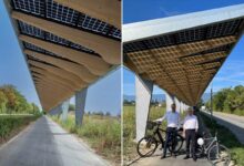 L'entreprise SIG et l'État de Genève dévoilent la première piste cyclable couverte de panneaux solaires de Suisse.