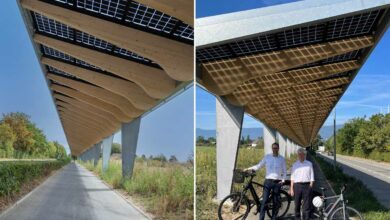 L'entreprise SIG et l'État de Genève dévoilent la première piste cyclable couverte de panneaux solaires de Suisse.