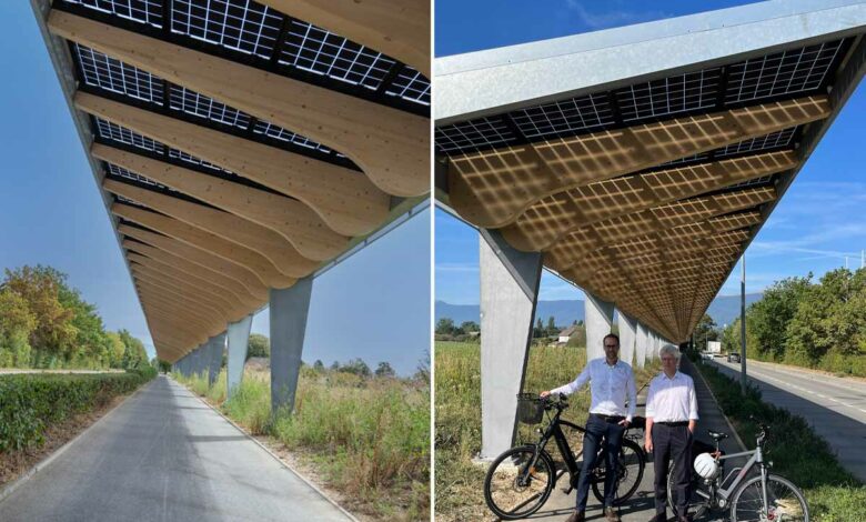 L'entreprise SIG et l'État de Genève dévoilent la première piste cyclable couverte de panneaux solaires de Suisse.