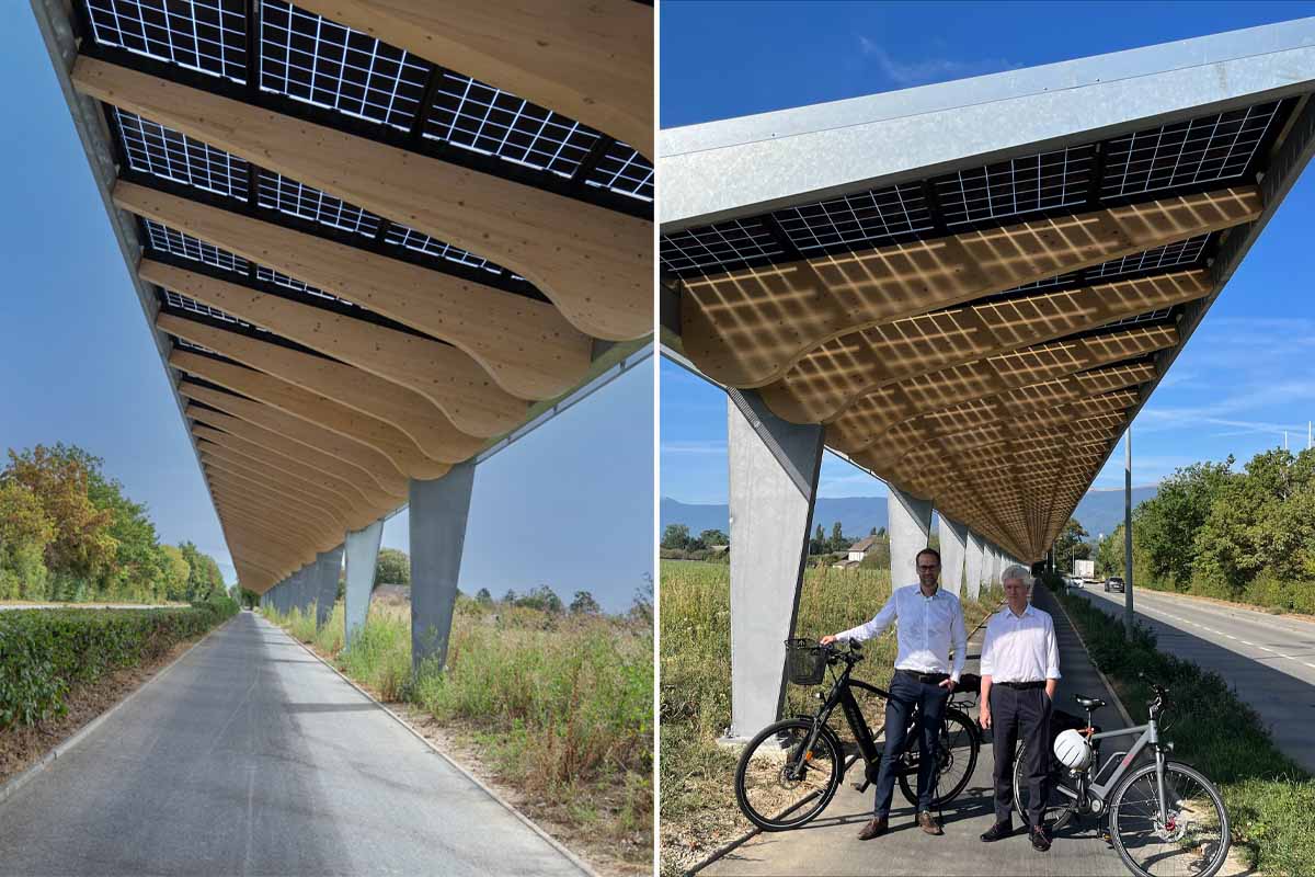 L'entreprise SIG et l'État de Genève dévoilent la première piste cyclable couverte de panneaux solaires de Suisse.