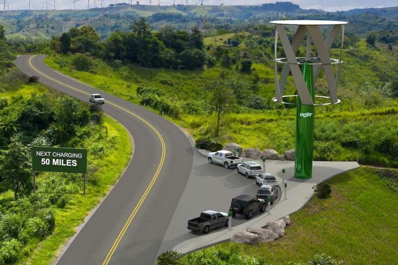 Conçu à l'origine pour une utilisation agricole, le système de production Wind & Solar Tower a été repensé pour devenir un système de recharge de véhicules.