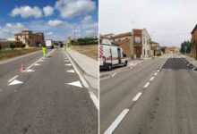 « Nous travaillons à l'amélioration de la sécurité routière sur les routes. Mitma a mis en place un tronçon expérimental sur la N-122 Nava de Roa (#Burgos) avec un nouveau marquage au sol : « dents de dragon » et « lignes à bords brisés » avant un nouveau passage piéton. »