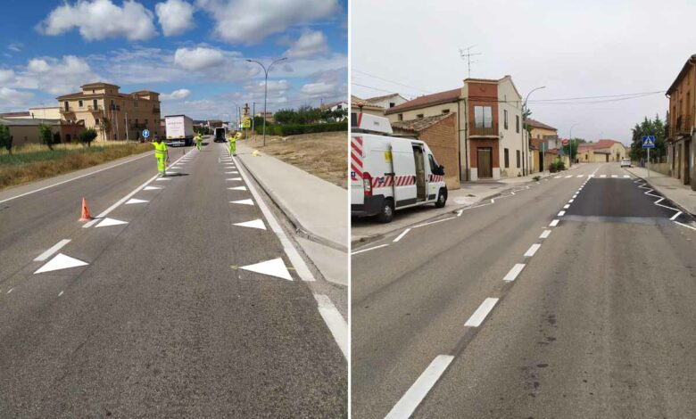 « Nous travaillons à l'amélioration de la sécurité routière sur les routes. Mitma a mis en place un tronçon expérimental sur la N-122 Nava de Roa (#Burgos) avec un nouveau marquage au sol : « dents de dragon » et « lignes à bords brisés » avant un nouveau passage piéton. »
