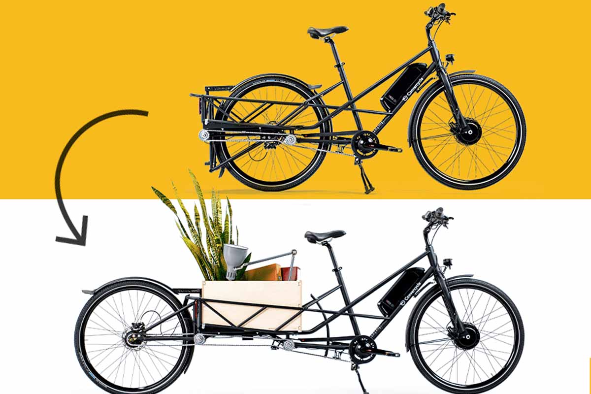 Un vélo classique modulable en vélo cargo.