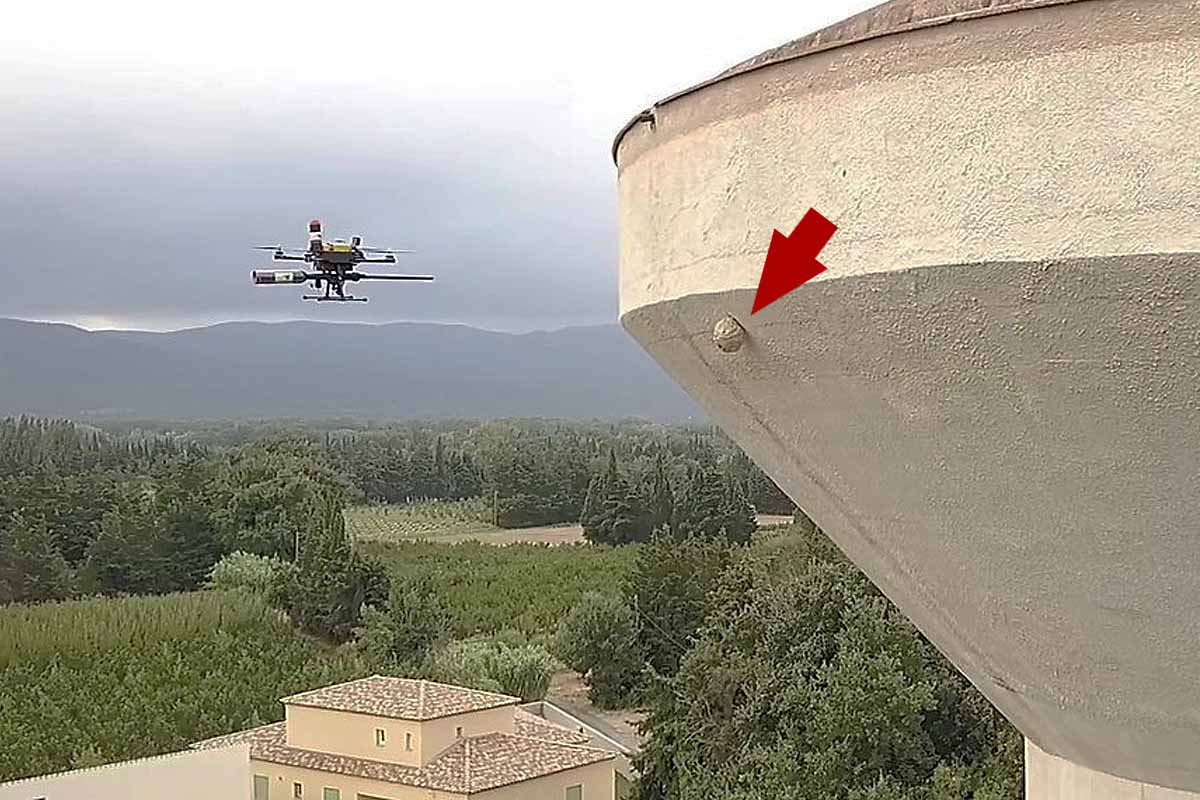 Destruction de nid de frelons situé en hauteur avec un drone.