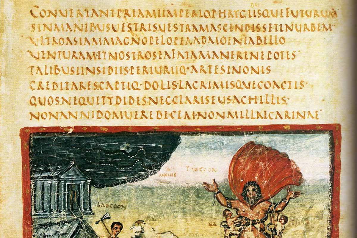 Folio 18v du Vergile du Vatican (Vatican, Biblioteca Apostolica, Cod. Vat. lat. 3225). Mort de Laocoön. Illustration du texte de l'Enéide : II, 191-198.