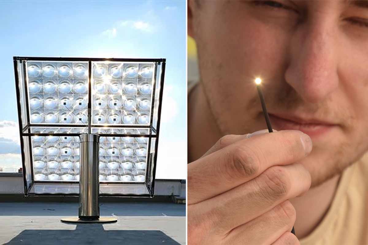 Un héliostat et des fibres optiques, fournissant une lumière naturelle à des endroits dépourvus de lumière solaire.